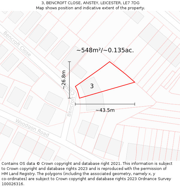 3, BENCROFT CLOSE, ANSTEY, LEICESTER, LE7 7DG: Plot and title map