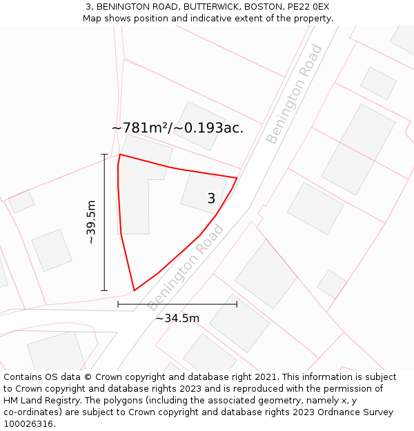 3, BENINGTON ROAD, BUTTERWICK, BOSTON, PE22 0EX: Plot and title map