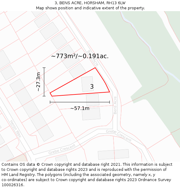 3, BENS ACRE, HORSHAM, RH13 6LW: Plot and title map