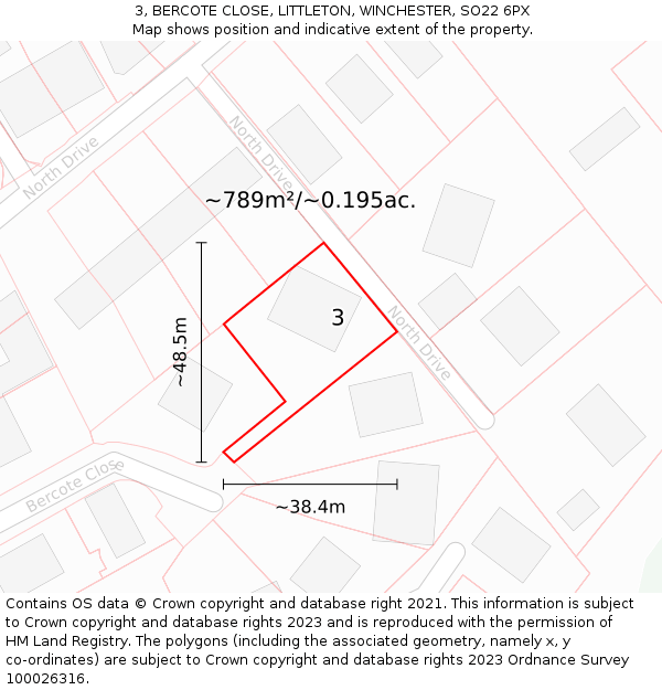 3, BERCOTE CLOSE, LITTLETON, WINCHESTER, SO22 6PX: Plot and title map