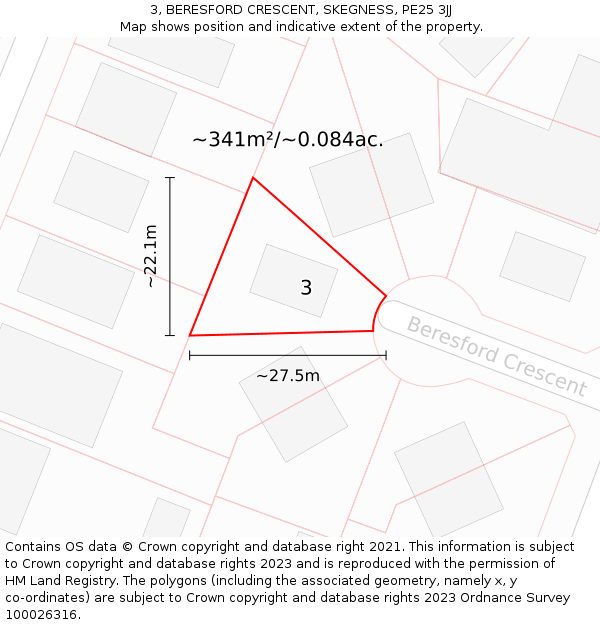 3, BERESFORD CRESCENT, SKEGNESS, PE25 3JJ: Plot and title map