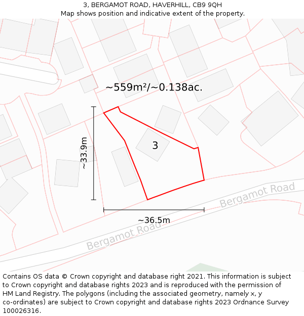 3, BERGAMOT ROAD, HAVERHILL, CB9 9QH: Plot and title map