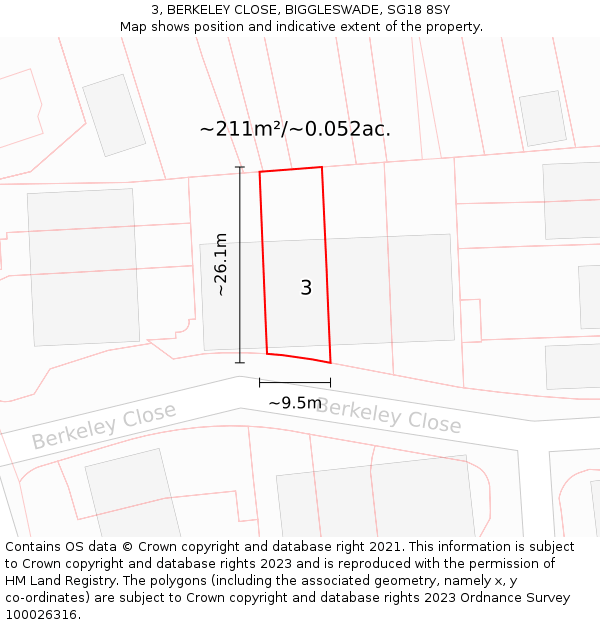 3, BERKELEY CLOSE, BIGGLESWADE, SG18 8SY: Plot and title map