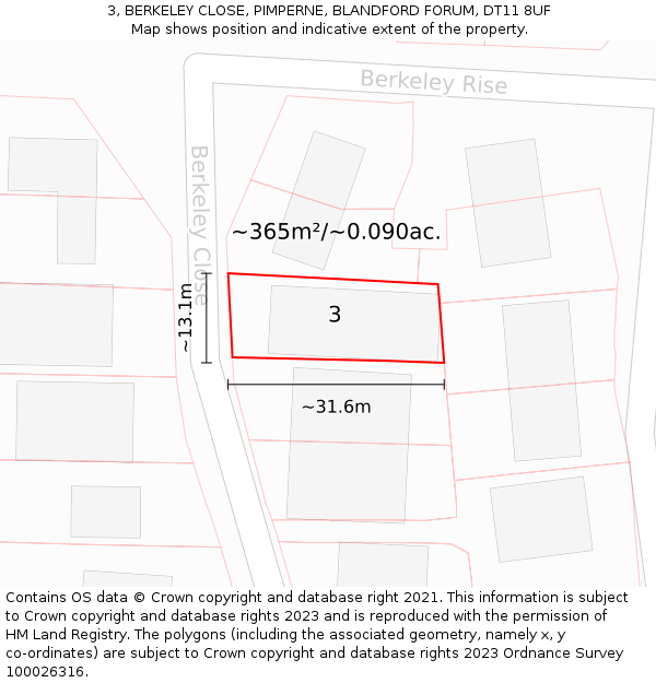 3, BERKELEY CLOSE, PIMPERNE, BLANDFORD FORUM, DT11 8UF: Plot and title map