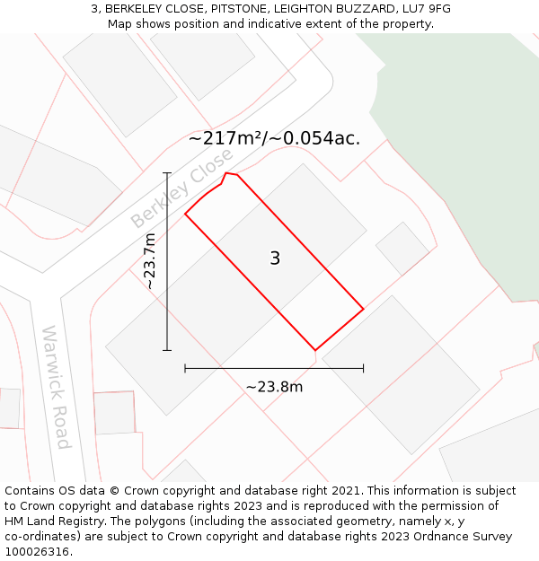 3, BERKELEY CLOSE, PITSTONE, LEIGHTON BUZZARD, LU7 9FG: Plot and title map