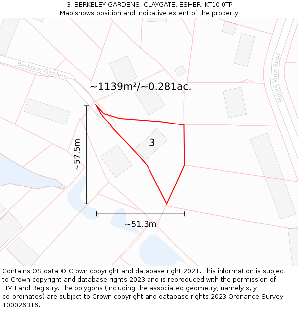 3, BERKELEY GARDENS, CLAYGATE, ESHER, KT10 0TP: Plot and title map