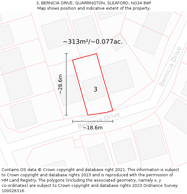 3, BERNICIA DRIVE, QUARRINGTON, SLEAFORD, NG34 8WF: Plot and title map