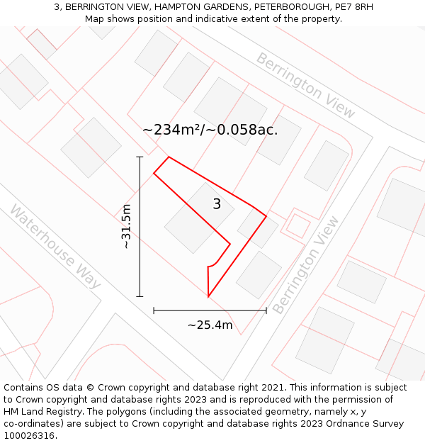 3, BERRINGTON VIEW, HAMPTON GARDENS, PETERBOROUGH, PE7 8RH: Plot and title map