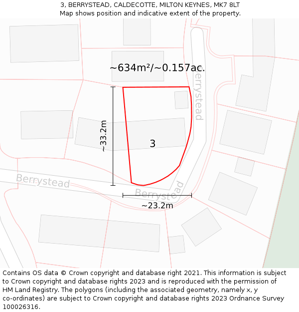 3, BERRYSTEAD, CALDECOTTE, MILTON KEYNES, MK7 8LT: Plot and title map