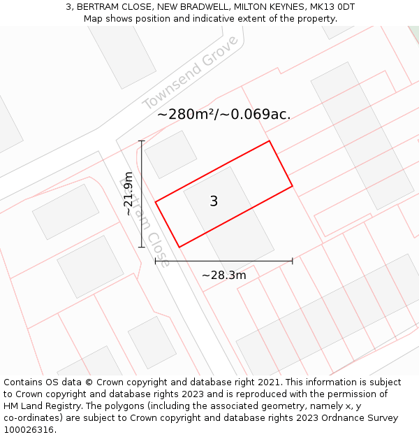 3, BERTRAM CLOSE, NEW BRADWELL, MILTON KEYNES, MK13 0DT: Plot and title map