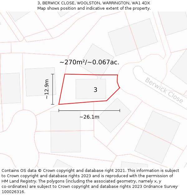 3, BERWICK CLOSE, WOOLSTON, WARRINGTON, WA1 4DX: Plot and title map