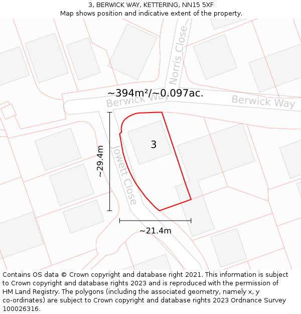 3, BERWICK WAY, KETTERING, NN15 5XF: Plot and title map