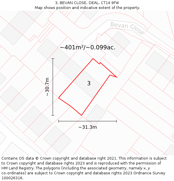 3, BEVAN CLOSE, DEAL, CT14 9FW: Plot and title map