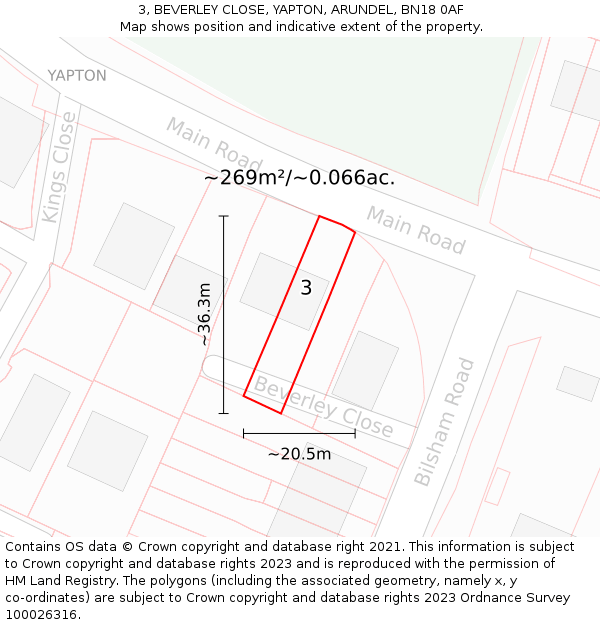 3, BEVERLEY CLOSE, YAPTON, ARUNDEL, BN18 0AF: Plot and title map