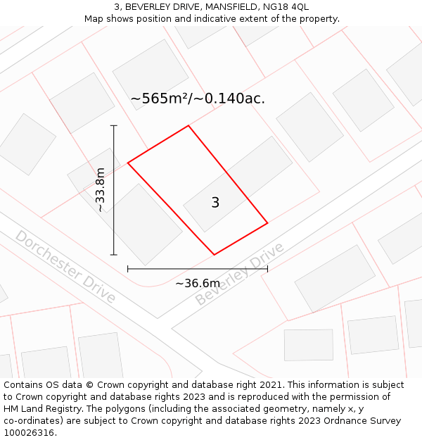 3, BEVERLEY DRIVE, MANSFIELD, NG18 4QL: Plot and title map