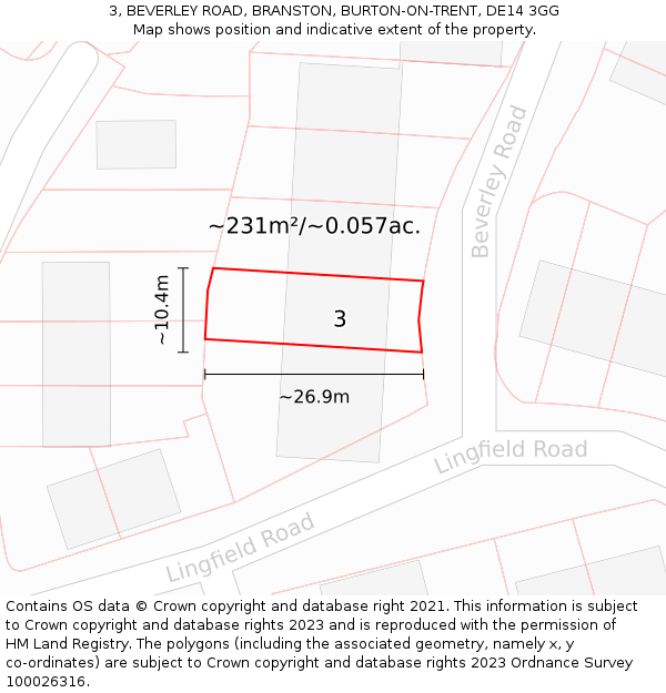 3, BEVERLEY ROAD, BRANSTON, BURTON-ON-TRENT, DE14 3GG: Plot and title map