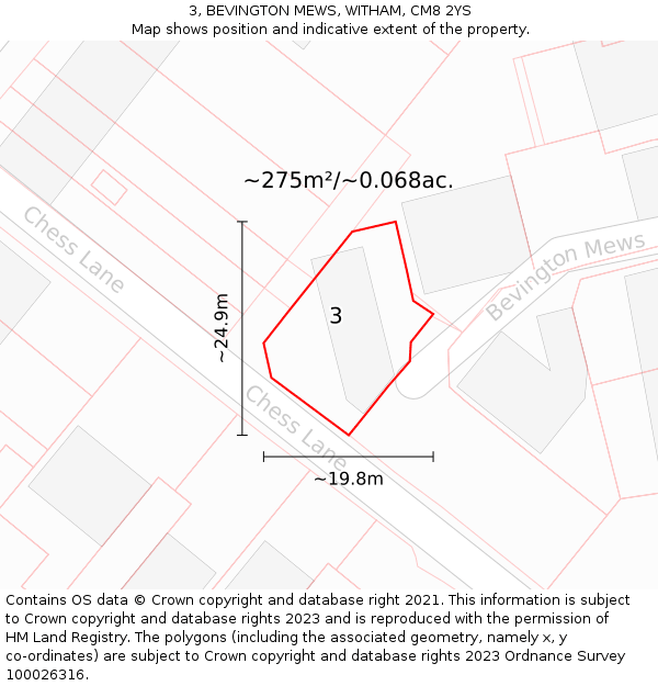 3, BEVINGTON MEWS, WITHAM, CM8 2YS: Plot and title map