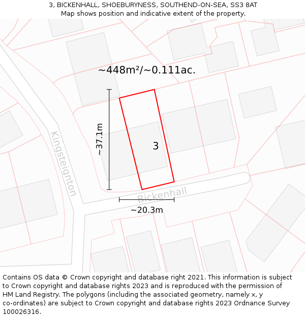3, BICKENHALL, SHOEBURYNESS, SOUTHEND-ON-SEA, SS3 8AT: Plot and title map