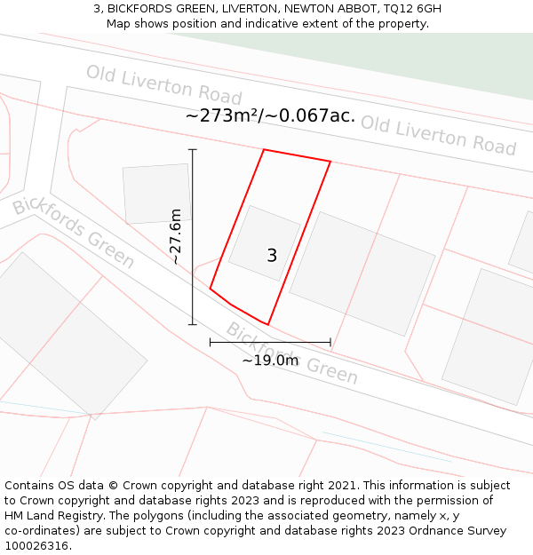 3, BICKFORDS GREEN, LIVERTON, NEWTON ABBOT, TQ12 6GH: Plot and title map