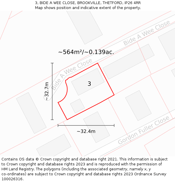 3, BIDE A WEE CLOSE, BROOKVILLE, THETFORD, IP26 4RR: Plot and title map