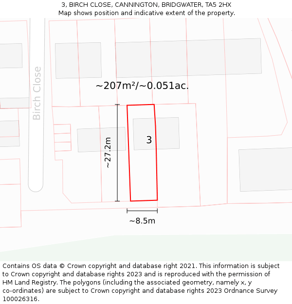 3, BIRCH CLOSE, CANNINGTON, BRIDGWATER, TA5 2HX: Plot and title map