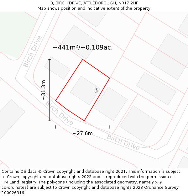 3, BIRCH DRIVE, ATTLEBOROUGH, NR17 2HF: Plot and title map