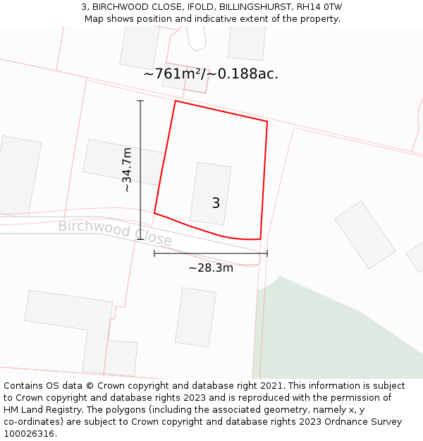 3, BIRCHWOOD CLOSE, IFOLD, BILLINGSHURST, RH14 0TW: Plot and title map