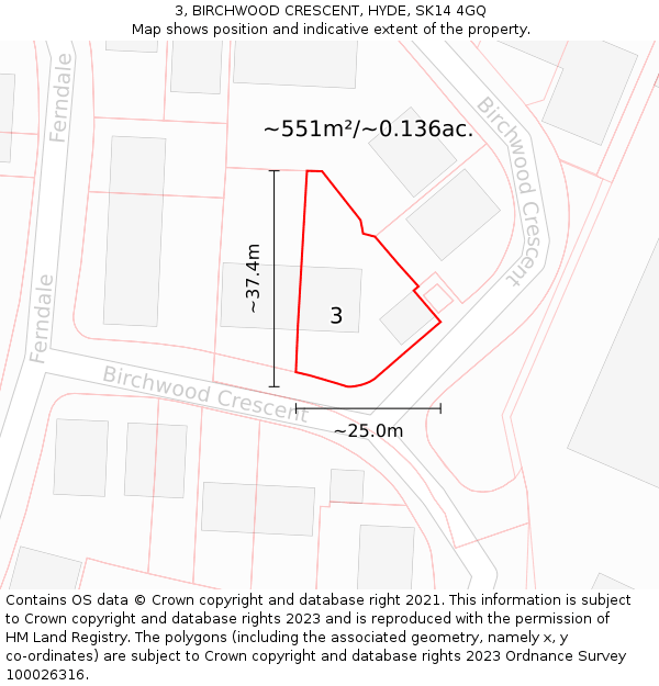 3, BIRCHWOOD CRESCENT, HYDE, SK14 4GQ: Plot and title map