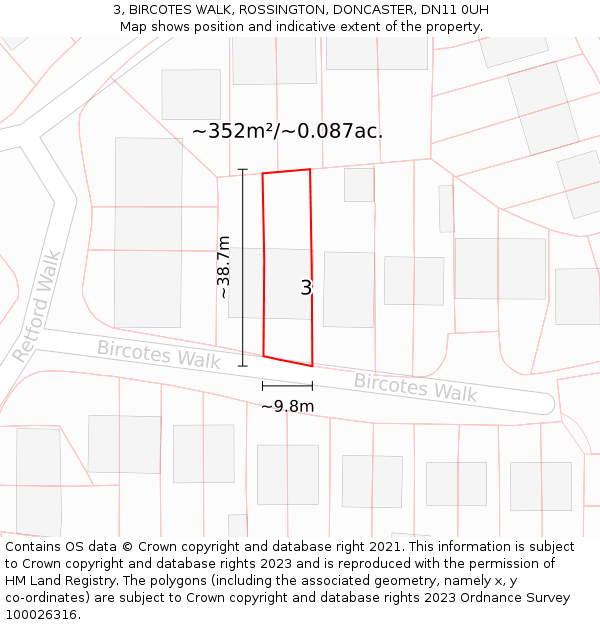 3, BIRCOTES WALK, ROSSINGTON, DONCASTER, DN11 0UH: Plot and title map