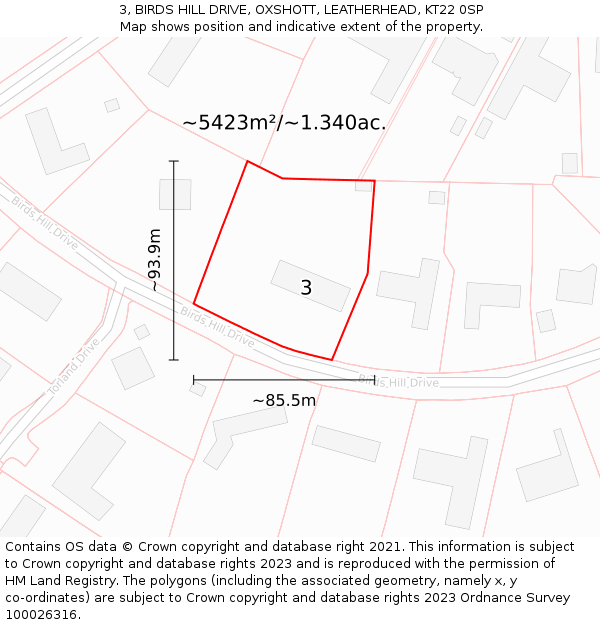 3, BIRDS HILL DRIVE, OXSHOTT, LEATHERHEAD, KT22 0SP: Plot and title map