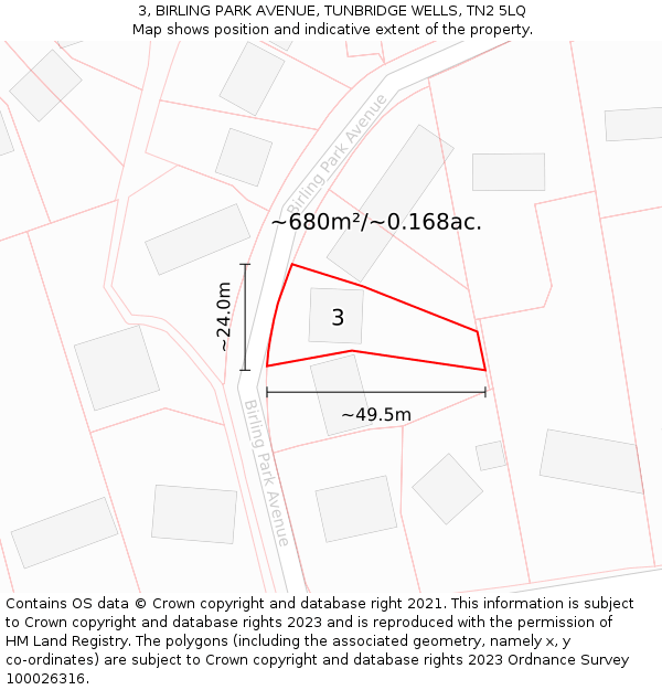 3, BIRLING PARK AVENUE, TUNBRIDGE WELLS, TN2 5LQ: Plot and title map