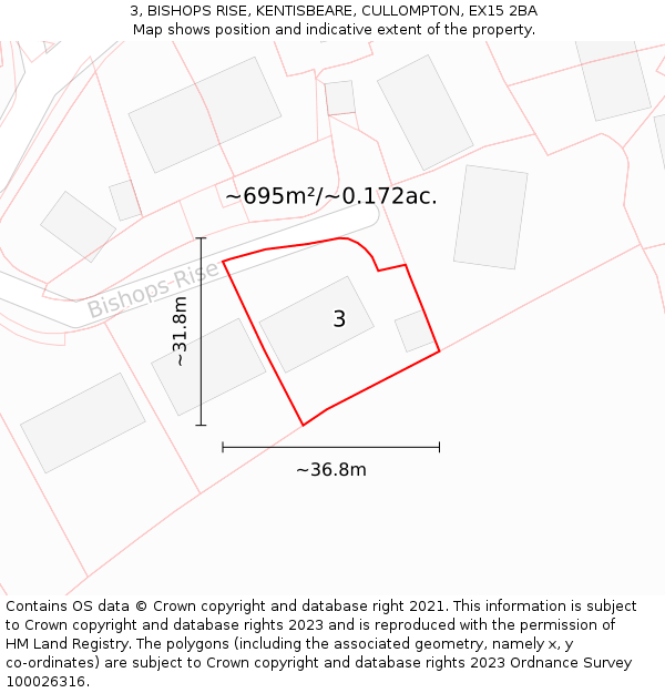 3, BISHOPS RISE, KENTISBEARE, CULLOMPTON, EX15 2BA: Plot and title map