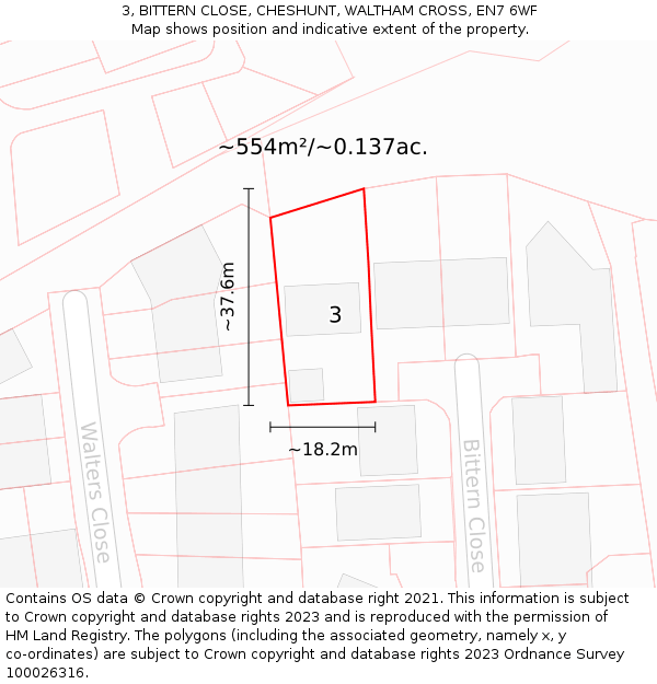 3, BITTERN CLOSE, CHESHUNT, WALTHAM CROSS, EN7 6WF: Plot and title map