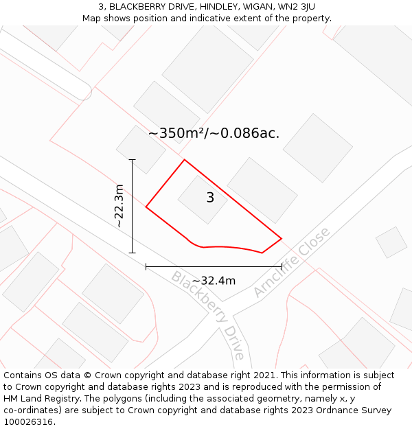3, BLACKBERRY DRIVE, HINDLEY, WIGAN, WN2 3JU: Plot and title map
