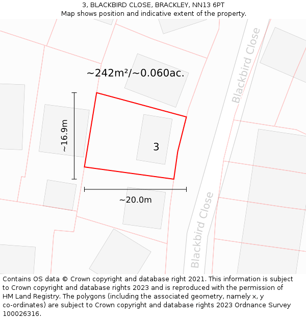 3, BLACKBIRD CLOSE, BRACKLEY, NN13 6PT: Plot and title map
