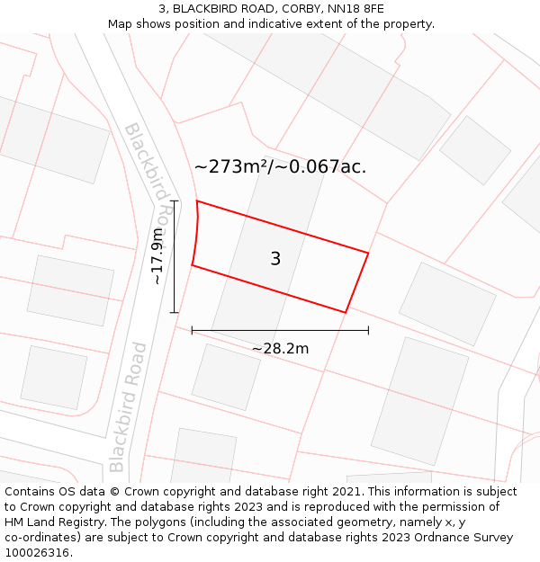 3, BLACKBIRD ROAD, CORBY, NN18 8FE: Plot and title map