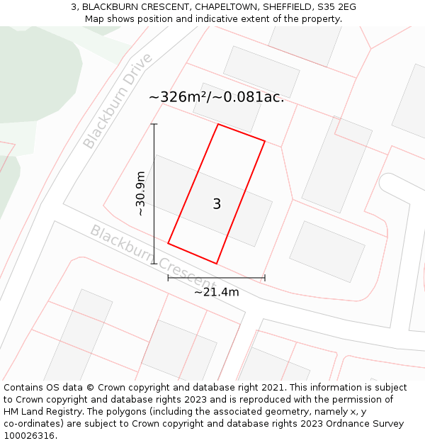 3, BLACKBURN CRESCENT, CHAPELTOWN, SHEFFIELD, S35 2EG: Plot and title map
