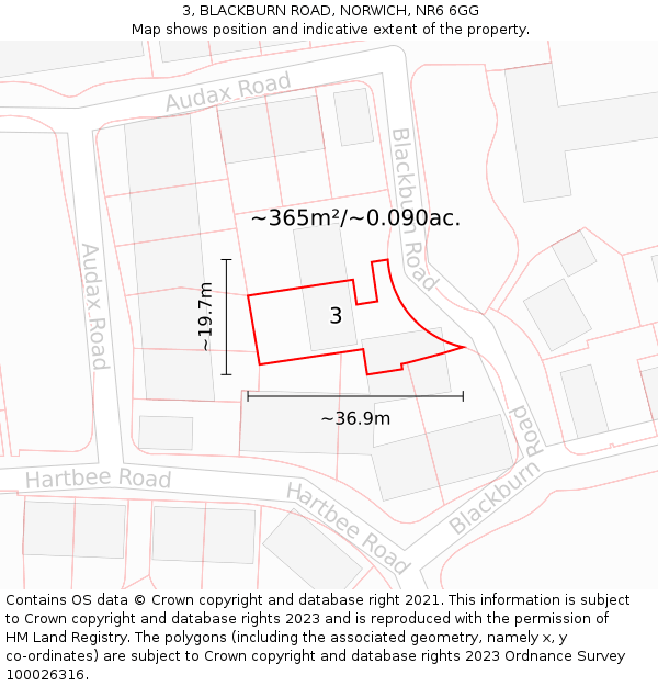 3, BLACKBURN ROAD, NORWICH, NR6 6GG: Plot and title map