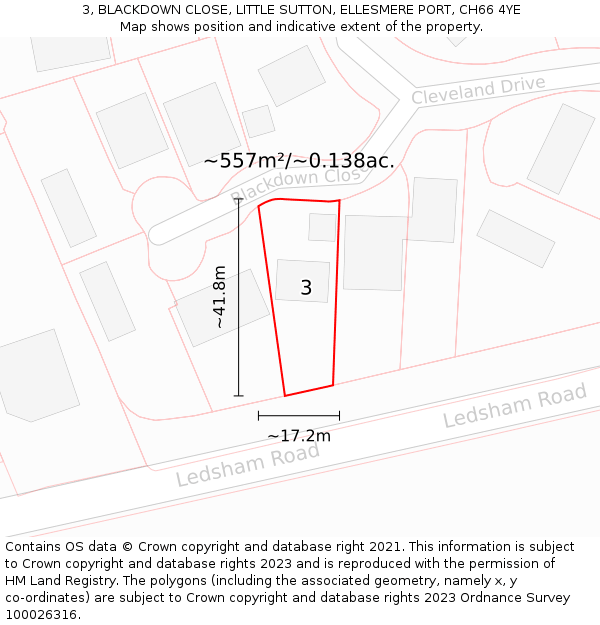 3, BLACKDOWN CLOSE, LITTLE SUTTON, ELLESMERE PORT, CH66 4YE: Plot and title map