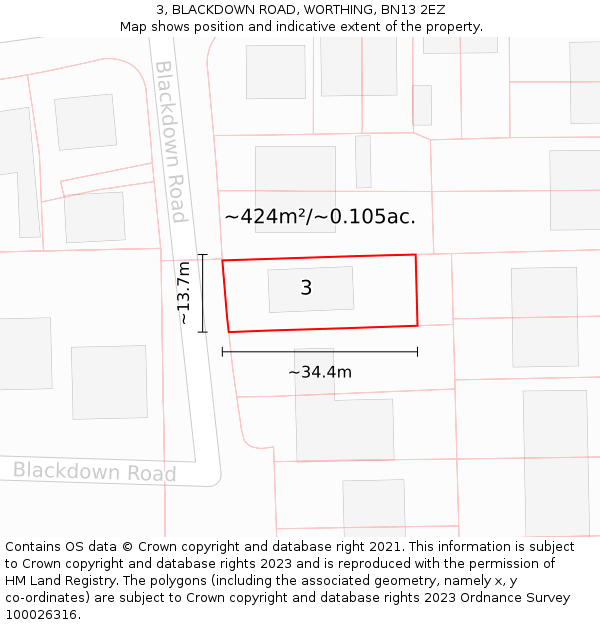 3, BLACKDOWN ROAD, WORTHING, BN13 2EZ: Plot and title map