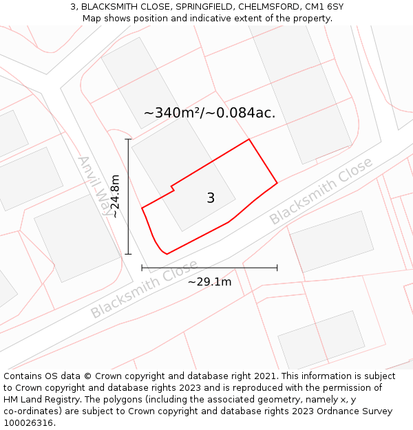 3, BLACKSMITH CLOSE, SPRINGFIELD, CHELMSFORD, CM1 6SY: Plot and title map