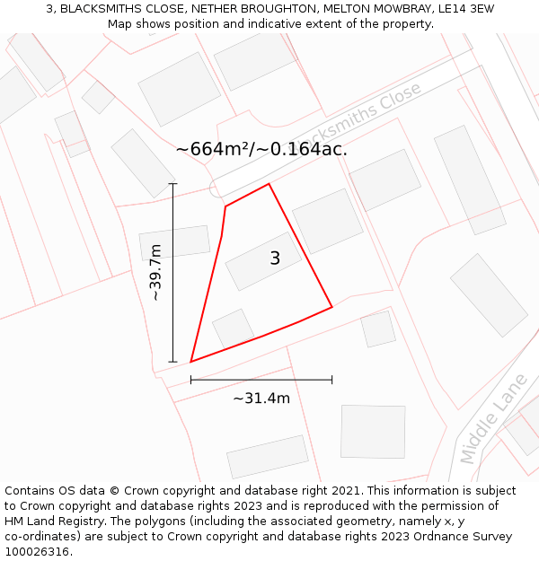 3, BLACKSMITHS CLOSE, NETHER BROUGHTON, MELTON MOWBRAY, LE14 3EW: Plot and title map