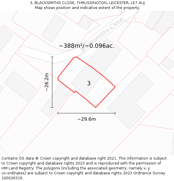 3, BLACKSMITHS CLOSE, THRUSSINGTON, LEICESTER, LE7 4UJ: Plot and title map