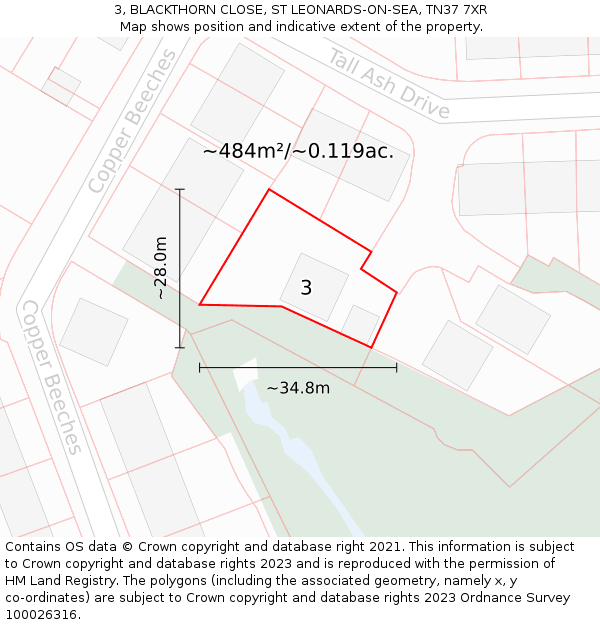 3, BLACKTHORN CLOSE, ST LEONARDS-ON-SEA, TN37 7XR: Plot and title map