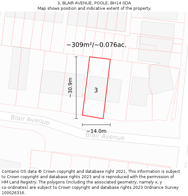 3, BLAIR AVENUE, POOLE, BH14 0DA: Plot and title map