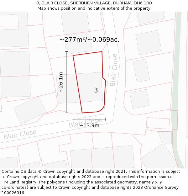 3, BLAIR CLOSE, SHERBURN VILLAGE, DURHAM, DH6 1RQ: Plot and title map
