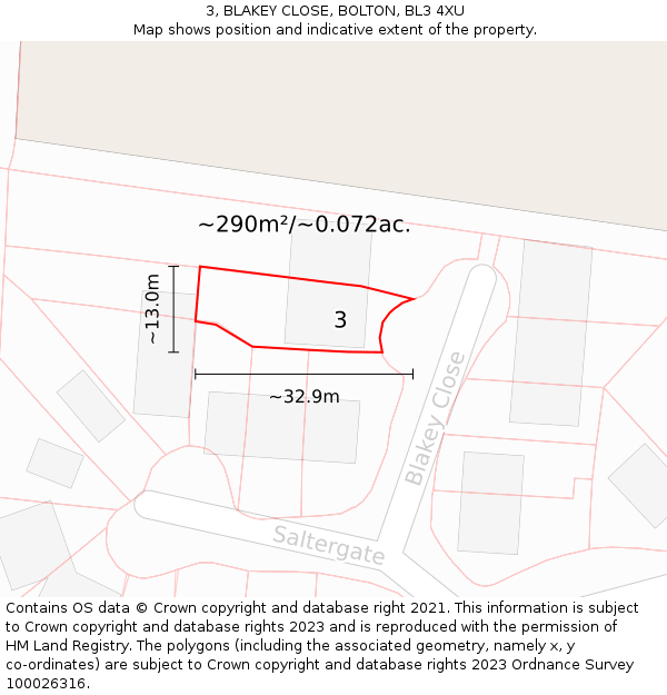 3, BLAKEY CLOSE, BOLTON, BL3 4XU: Plot and title map