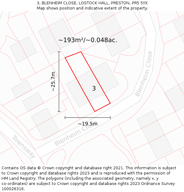 3, BLENHEIM CLOSE, LOSTOCK HALL, PRESTON, PR5 5YX: Plot and title map