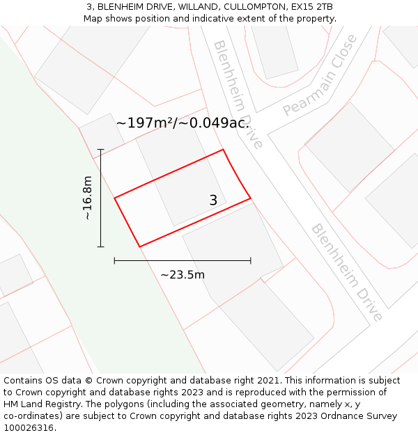 3, BLENHEIM DRIVE, WILLAND, CULLOMPTON, EX15 2TB: Plot and title map