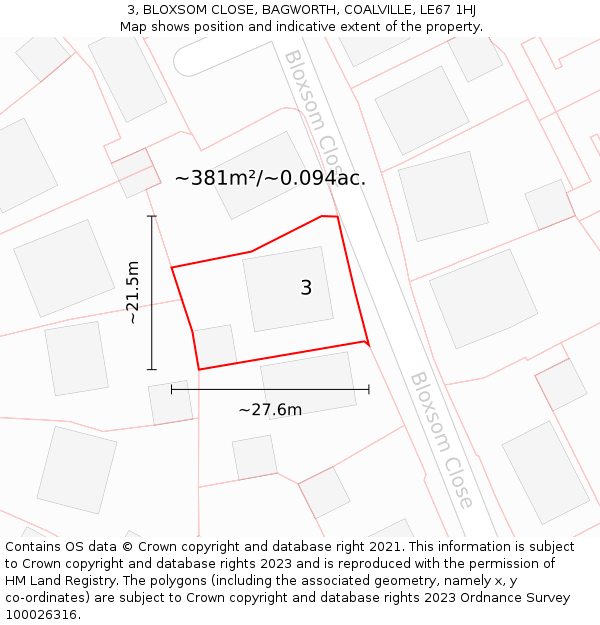 3, BLOXSOM CLOSE, BAGWORTH, COALVILLE, LE67 1HJ: Plot and title map